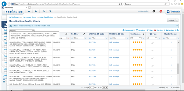 Screenshot showing Verdantis’ Data Standardization Quality Check and Harmonization software